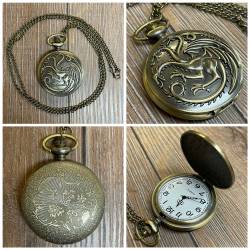 Uhr - Taschenuhr - Größe L - GOT - Tagaryen - Drache - altmessing - Quartz - Steampunk