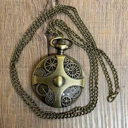 Uhr - Taschenuhr - Größe L - Kreuz & Zahnräder - altmessing - Quartz - Steampunk