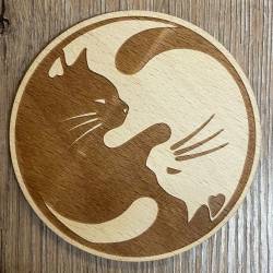 Untersetzer - Holz - Katzen Yin Yang gelasert rund - 10cm - natur - Coaster - Dekoration