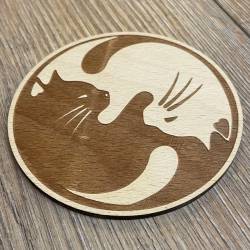 Untersetzer - Holz - Katzen Yin Yang gelasert rund - 10cm - natur - Coaster - Dekoration