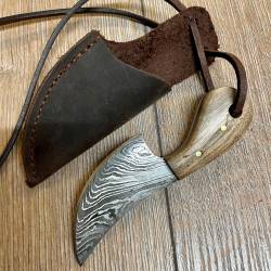 Messer - Halsmesser der Germanen (Neck-Knife) - Damast mit Holzgriff - in Lederscheide - braun