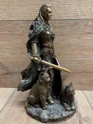 Statue - Freya mit Schwert, Schild & Katzen - nordische Göttin der Liebe und der Ehe - bronziert - Dekoration - Ritualbedarf
