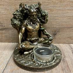 Statue - Cernunnos - Der Gehörnte Gott - sitzend mit Votiv-Kerze - bronziert - Dekoration - Ritualbedarf