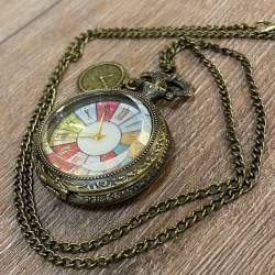 Uhr - Taschenuhr - Größe L - Römische Zahlen bunt, Glasdeckel & Uhrenanhänger - altmessing - Quartz - Steampunk