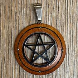 Anhänger - Holz & Edelstahl - Pentagramm in Schmuckbeutel - Wooden Circle