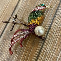 Brosche - Vogel auf Ast mit Perlen & Strasssteinen - Aetherwelt