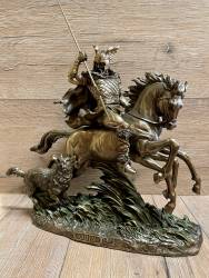Statue - Odin der Allvater - nordischer Gott - auf Sleipnir mit Wolf & Speer - bronziert - Dekoration - Ritualbedarf