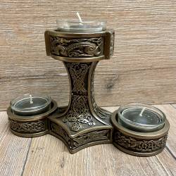 Statue - Kerzenhalter - Mjölnir Thors Hammer - 3er Teelicht - bronziert- Kerzenständer