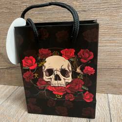 Verpackung - Geschenktüte - Skulls & Roses, Totenkopf & rote Rosen S, Dekor Papier 11cm x 6cm x 14cm