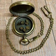 Würfel - Würfelset - Taschenuhr - Drache gelasert auf Buchenholz-Deckel inkl. 7 Würfel aus Metall für D&D etc