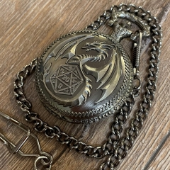 Würfel - Würfelset - Taschenuhr - Drache auf Metall-Deckel inkl. 7 Würfel aus Metall für D&D etc. - altsilber