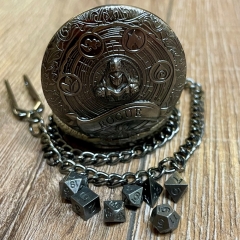 Würfel - Würfelset - Taschenuhr - Rogue/ Dieb auf Metall-Deckel inkl. 7 Würfel aus Metall für D&D etc. - altsilber