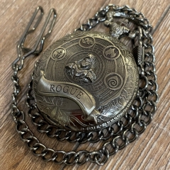 Würfel - Würfelset - Taschenuhr - Rogue/ Dieb auf Metall-Deckel inkl. 7 Würfel aus Metall für D&D etc. - altsilber