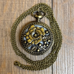 Uhr - Taschenuhr - Größe L - Rose durchbrochen - altmessing - Quartz - Steampunk