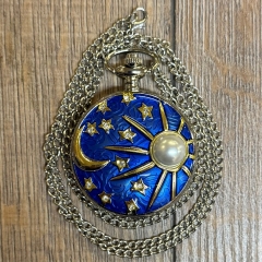 Uhr - Taschenuhr - Größe L - Sonne, Mond & Sterne blau/gold/silber - Quartz - Steampunk