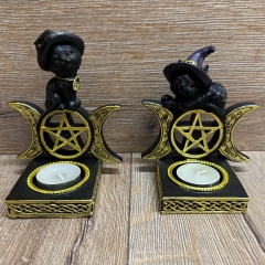 Kerzenhalter - Lustige Katzen sitzen auf Wicca-Symbol (dreifacher Mond) - Teelicht - 2fach sortiert - einzeln