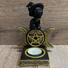 Kerzenhalter - Lustige Katzen sitzen auf Wicca-Symbol (dreifacher Mond) - Teelicht - 2fach sortiert - einzeln