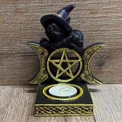 Kerzenhalter - Lustige Katzen sitzen auf Wicca-Symbol (dreifacher Mond) - Teelicht - 2fach sortiert - einzeln