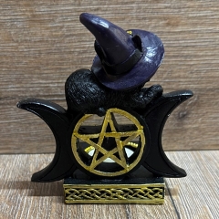 Kerzenhalter - Lustige Katzen sitzen auf Wicca-Symbol (dreifacher Mond) - Teelicht - 2fach sortiert - einzeln