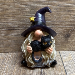 Figur - Lustige Hexe mit Knubbelnase klein - lila Hut & Katze