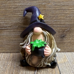 Figur - Lustige Hexe mit Knubbelnase klein - lila Hut & Kessel