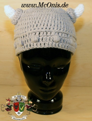Häkel- Mütze - Wikinger mit Hörnern Gr. S 54-56cm - grau/weiß - handmade - Herbst/ Winter Kopfbedeckung - Beanie - Ausverkauf